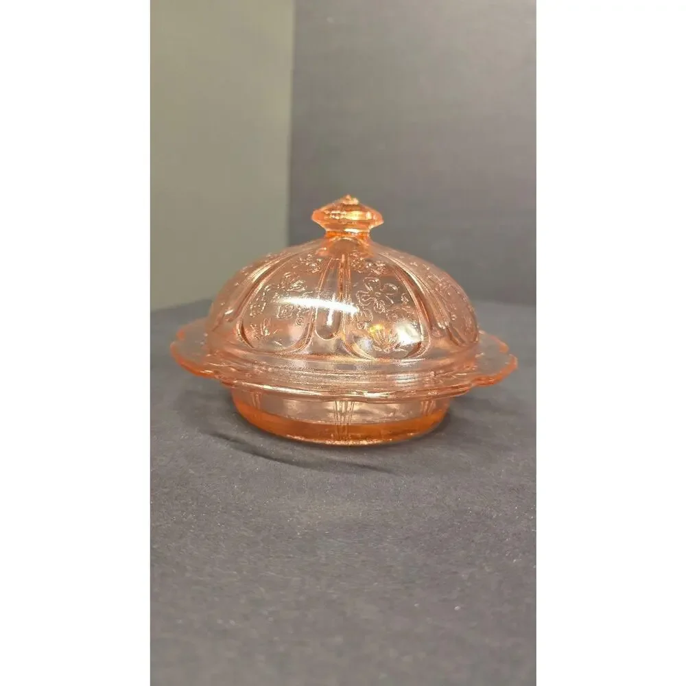 Pink Glass Covered Dish Cherry Floral Round Butter Cheese Reproduction